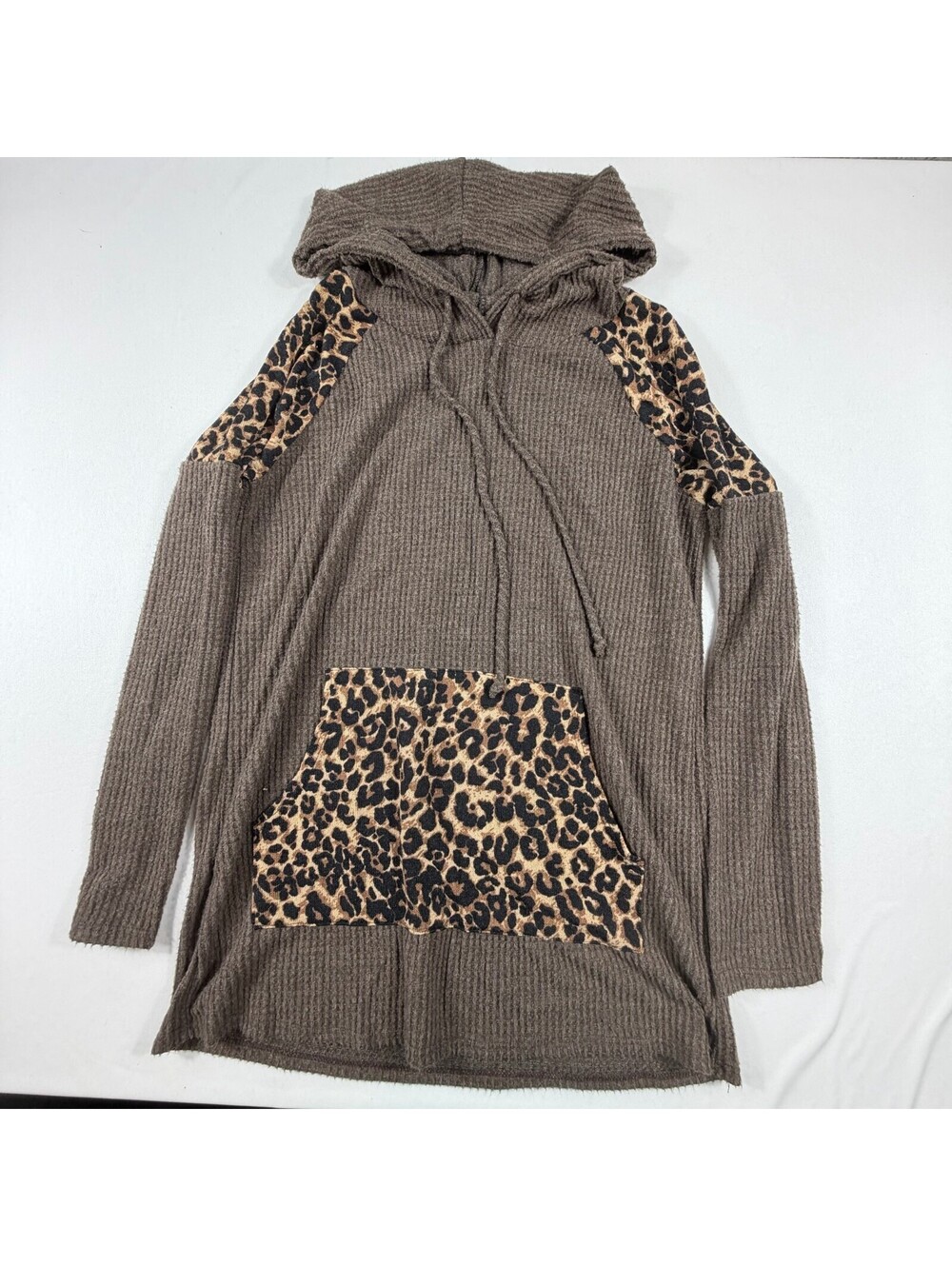 First Love Brown Waffle Knit Hoodie with Leopard Print Accents Medium